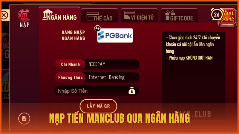 Nạp tiền manclub 2 Nạp tiền ManClub qua ngân hàng siêu nhanh và an toàn