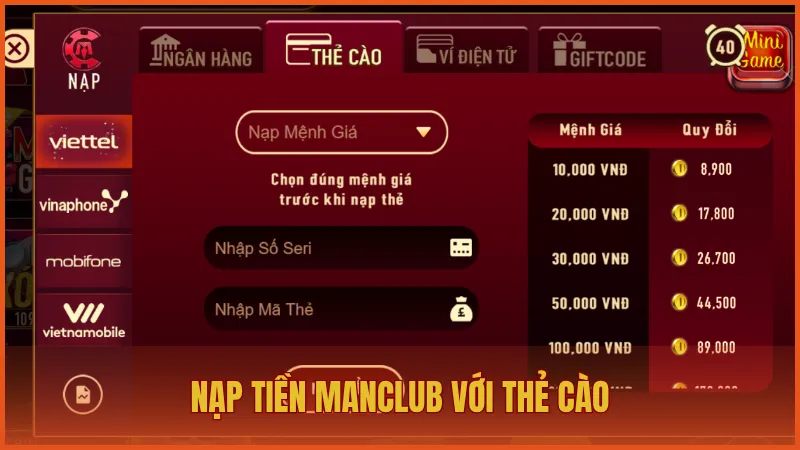 Nạp tiền manclub 4 Nạp tiền vào ManClub với thẻ cào đơn giản và bảo mật