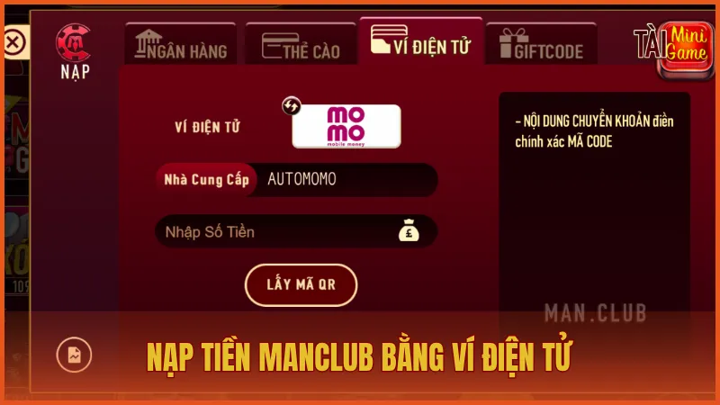 Nạp tiền manclub 3 Nạp tiền trên ManClub bằng ví điện tử cho người chơi thích tiện lợi