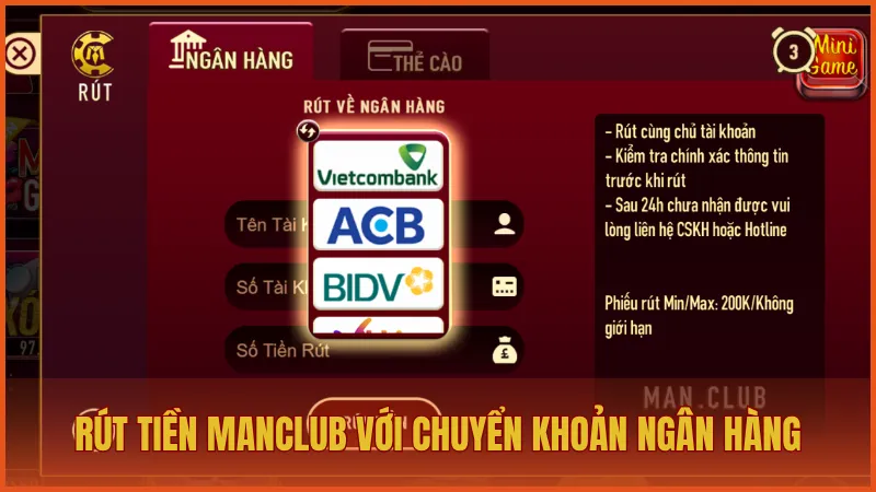 Quy trình rút tiền từ ManClub với chuyển khoản ngân hàng
